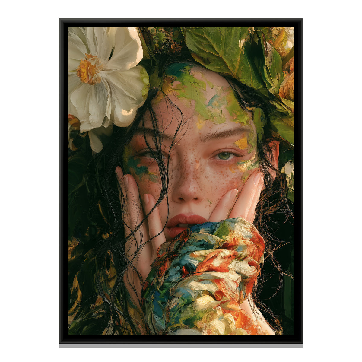 Woman with White Blossoms in Her Hair — framed canvas print, front view