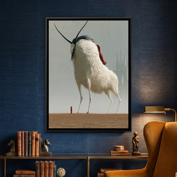 Surreal Horned Beast — framed canvas art hung on a wall