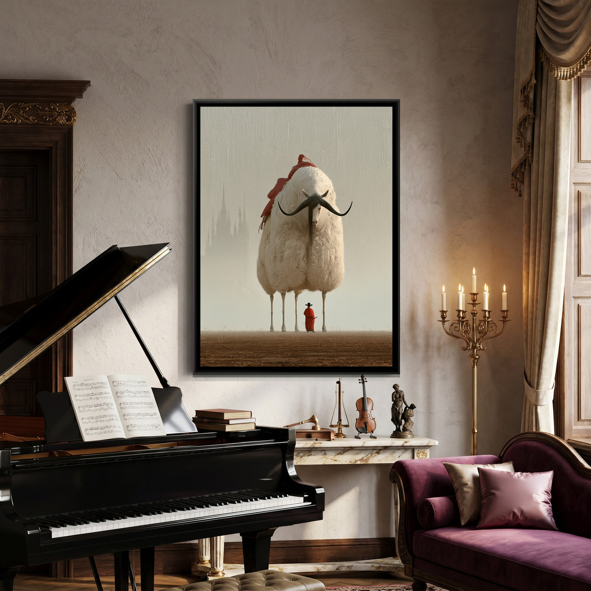 Surreal Horned Beast — canvas art shown in a styled room