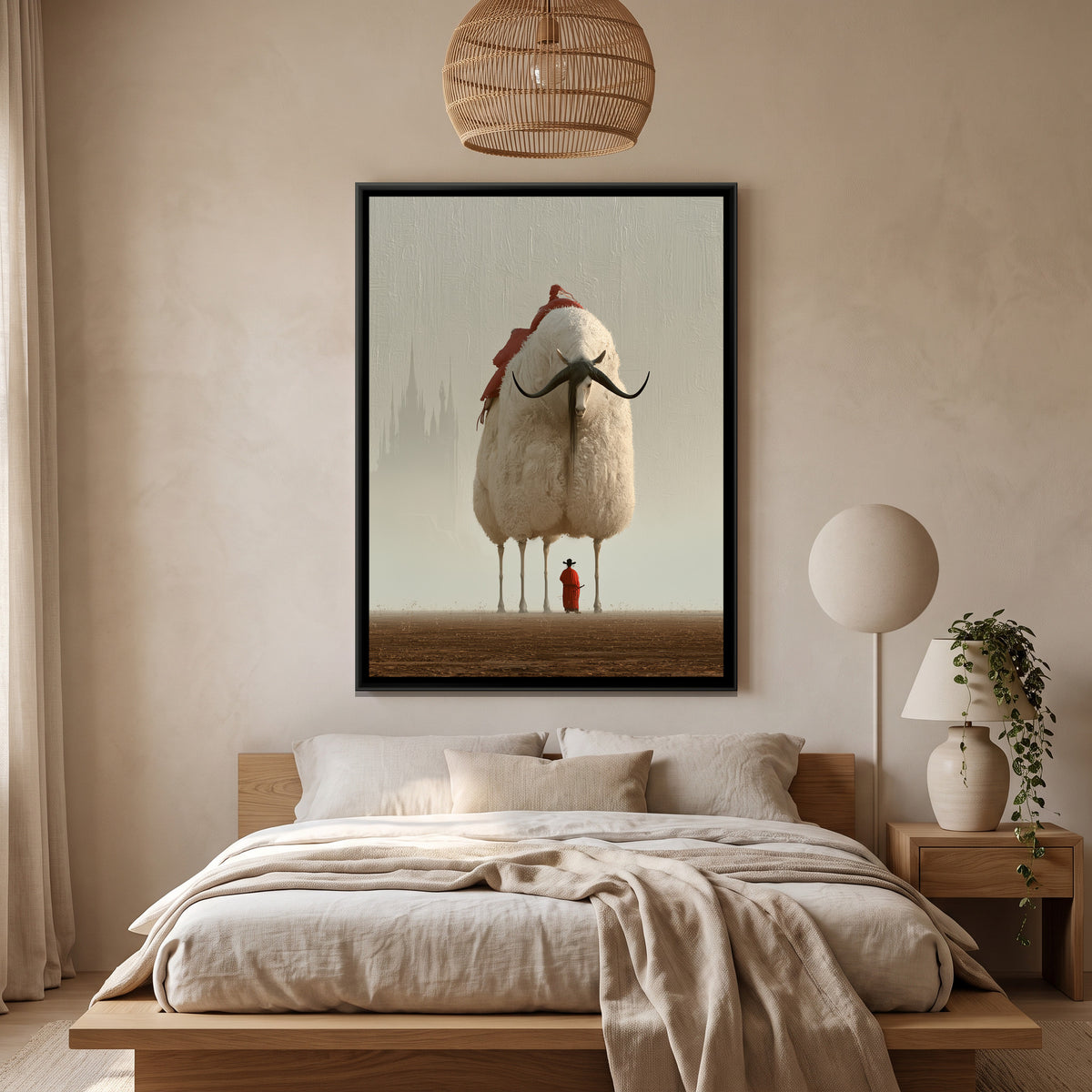 Surreal Horned Beast — canvas art shown in a second room setting
