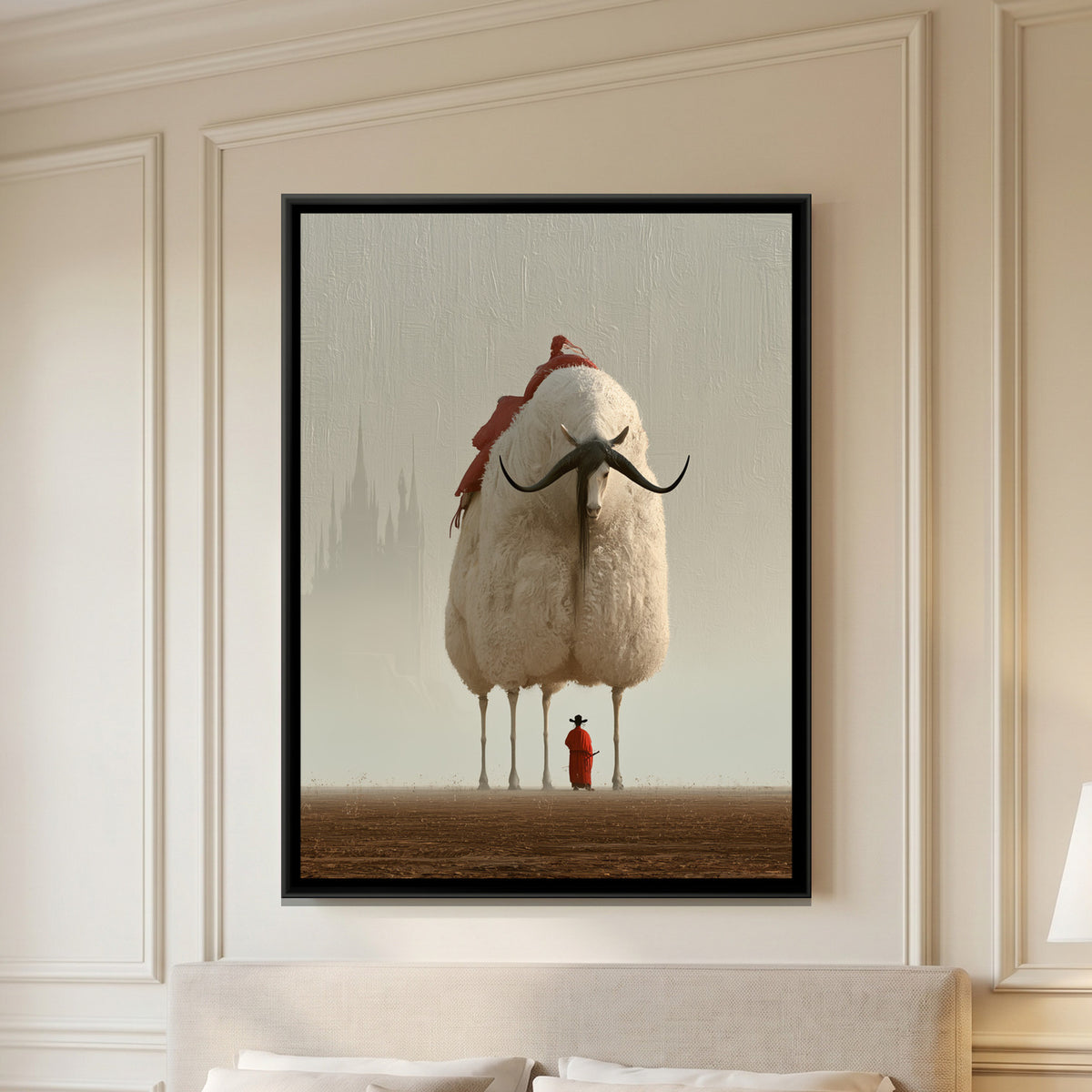 Surreal Horned Beast — framed canvas art hung on a wall