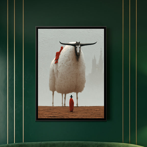 Surreal Horned Beast — framed canvas art hung on a wall