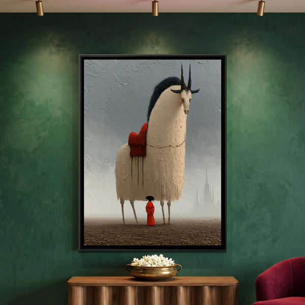 Surreal Horned Beast — framed canvas art hung on a wall