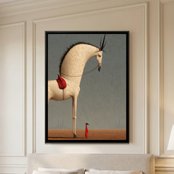 Surreal Horned Beast — framed canvas art hung on a wall