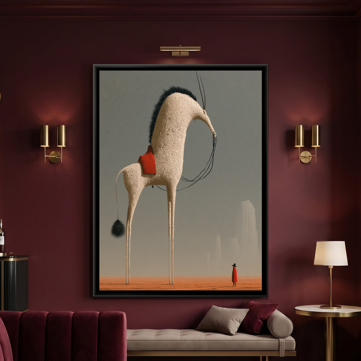 Surreal Horned Beast — framed canvas art hung on a wall