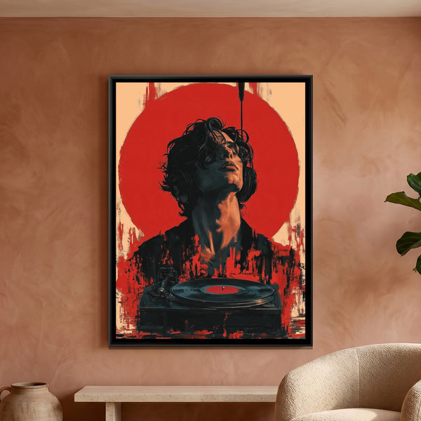 Music Listener with Turntable — framed canvas art hung on a wall
