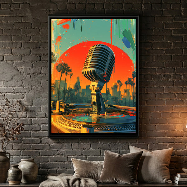 Vintage Microphone — framed canvas art hung on a wall