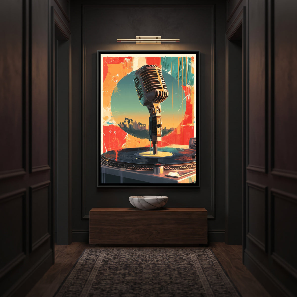 Vintage Microphone — canvas art shown in a styled room
