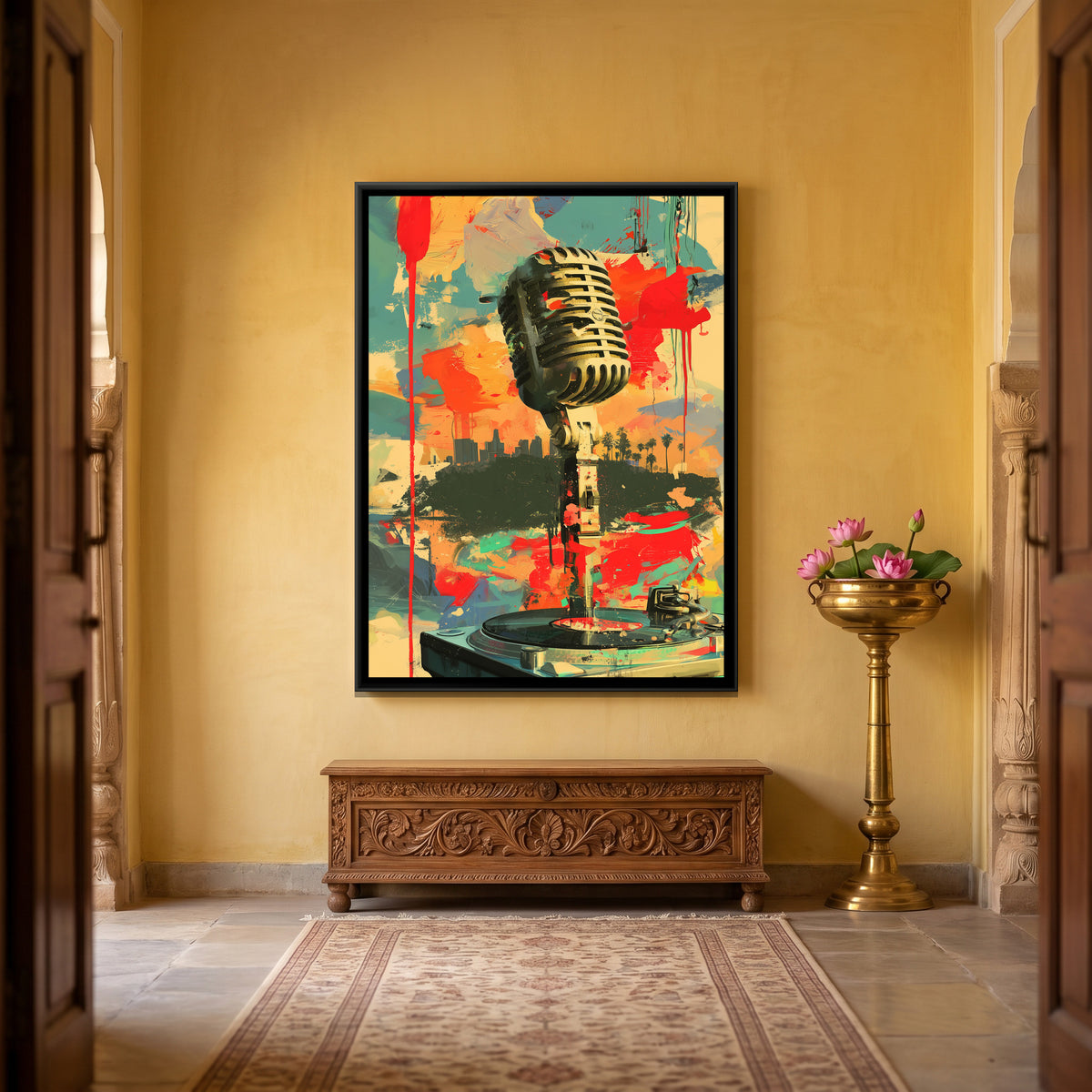 Vintage Microphone — canvas art shown in a second room setting