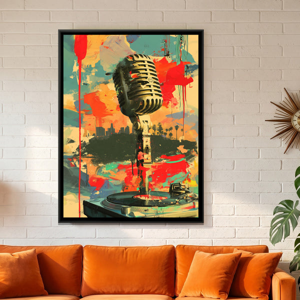 Vintage Microphone — framed canvas art hung on a wall