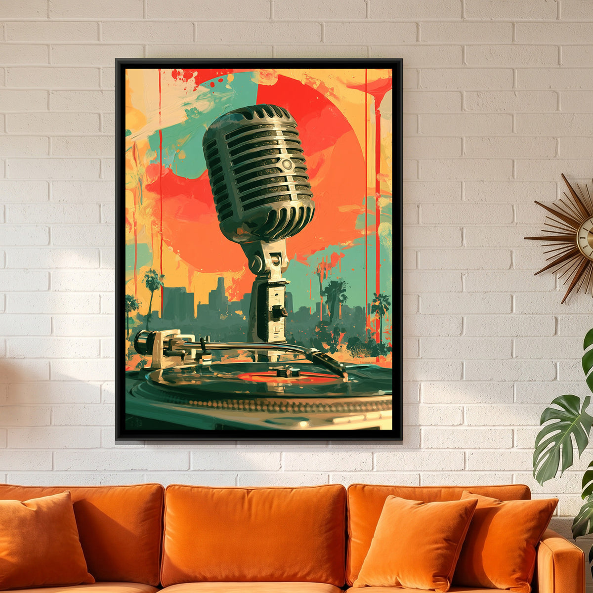 Vintage Microphone — framed canvas art hung on a wall