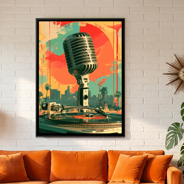 Vintage Microphone — framed canvas art hung on a wall