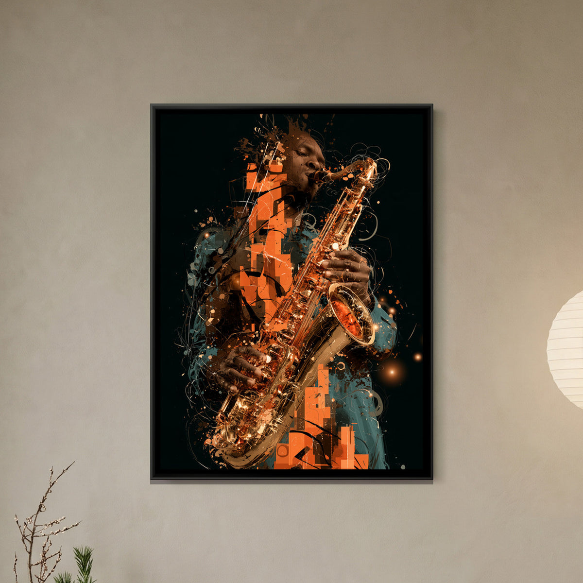 Saxophone Player — framed canvas art hung on a wall