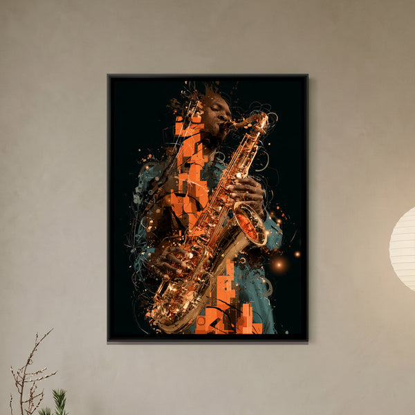 Saxophone Player — framed canvas art hung on a wall