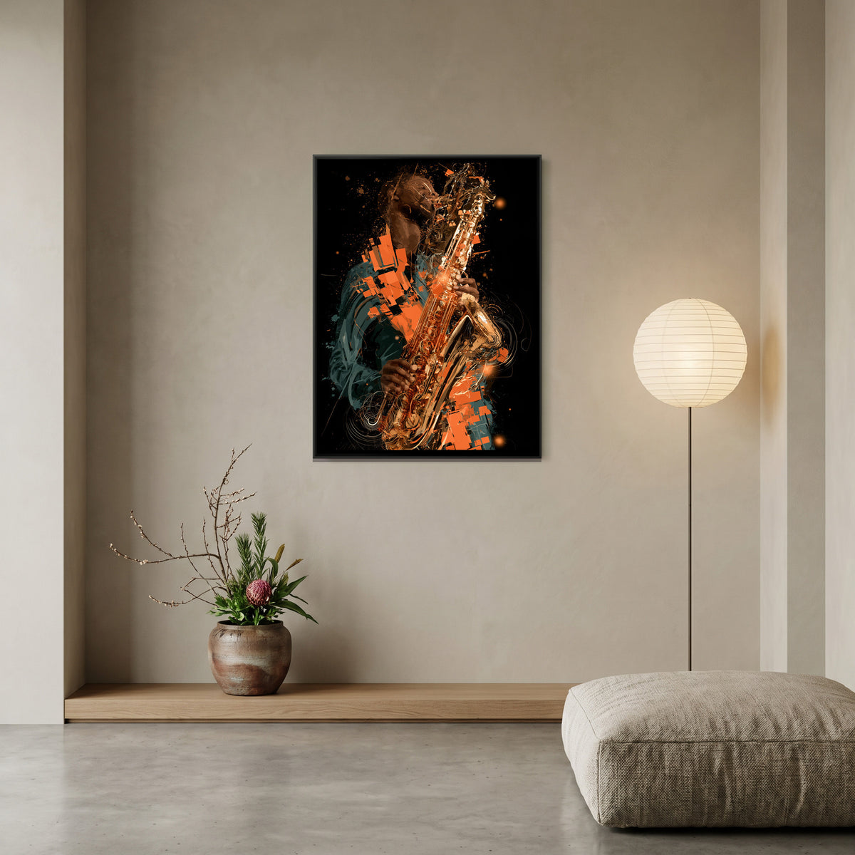 Saxophone Player — canvas art shown in a styled room