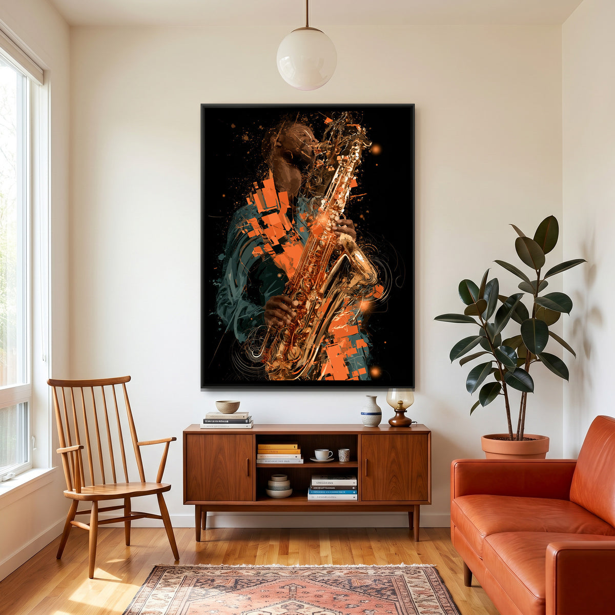 Saxophone Player — canvas art shown in a second room setting
