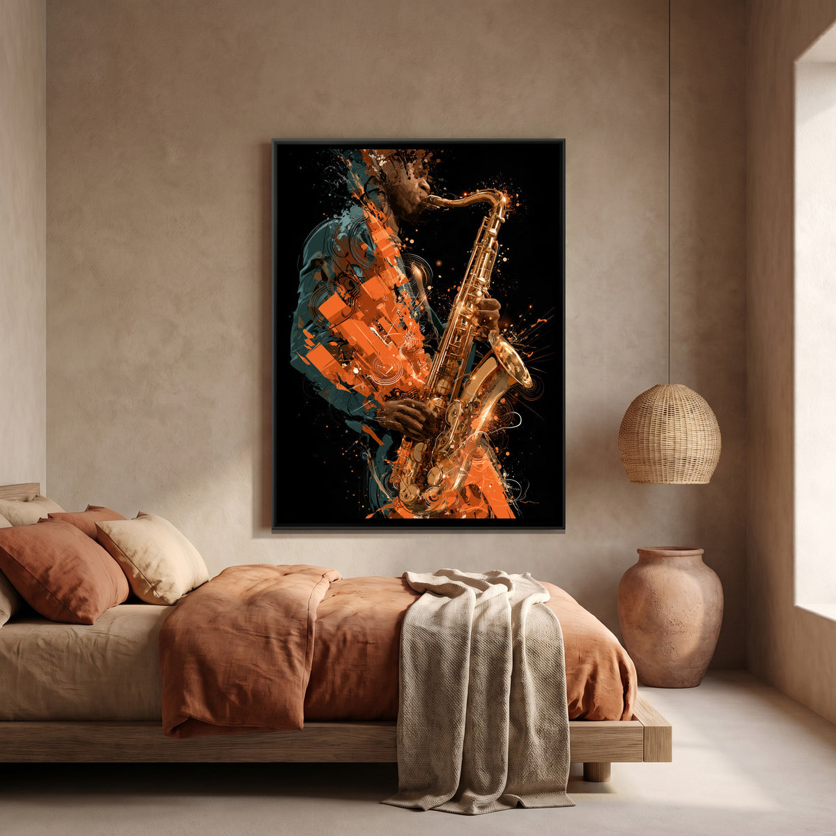 Saxophone Player — canvas art shown in a second room setting