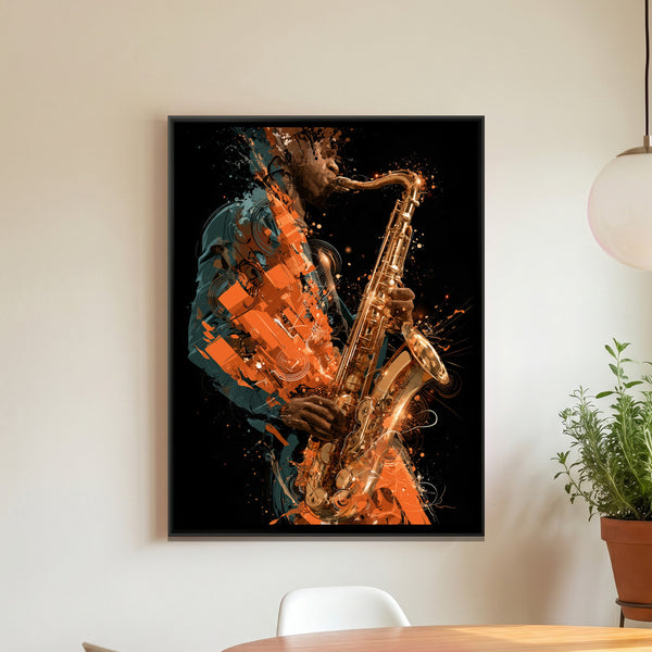 Saxophone Player — framed canvas art hung on a wall