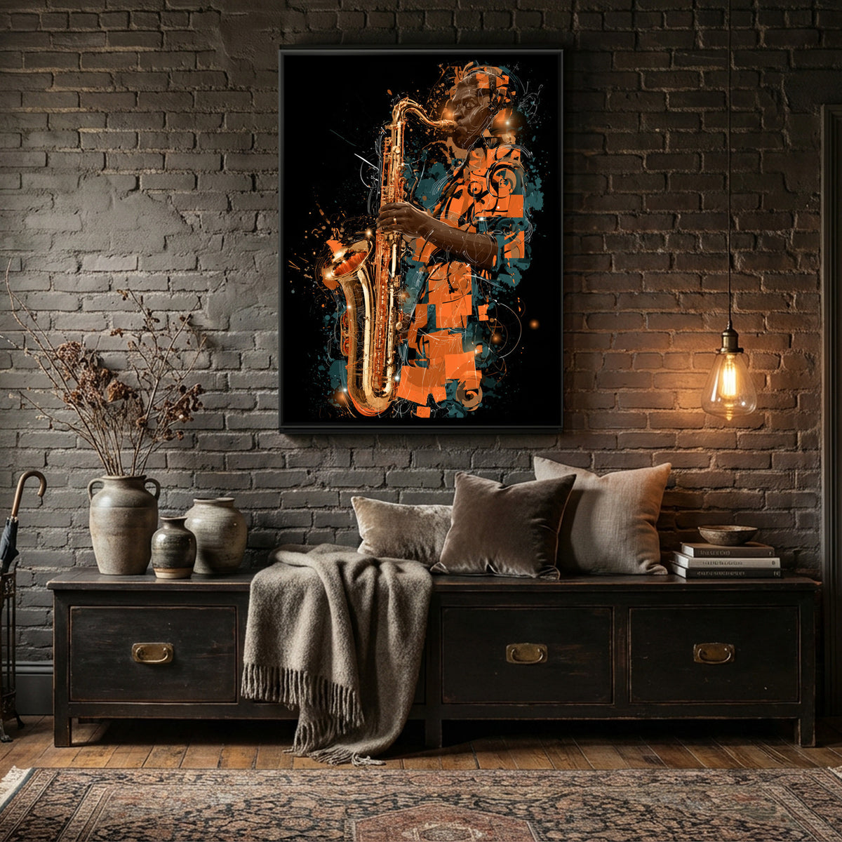 Saxophone Player — canvas art shown in a second room setting