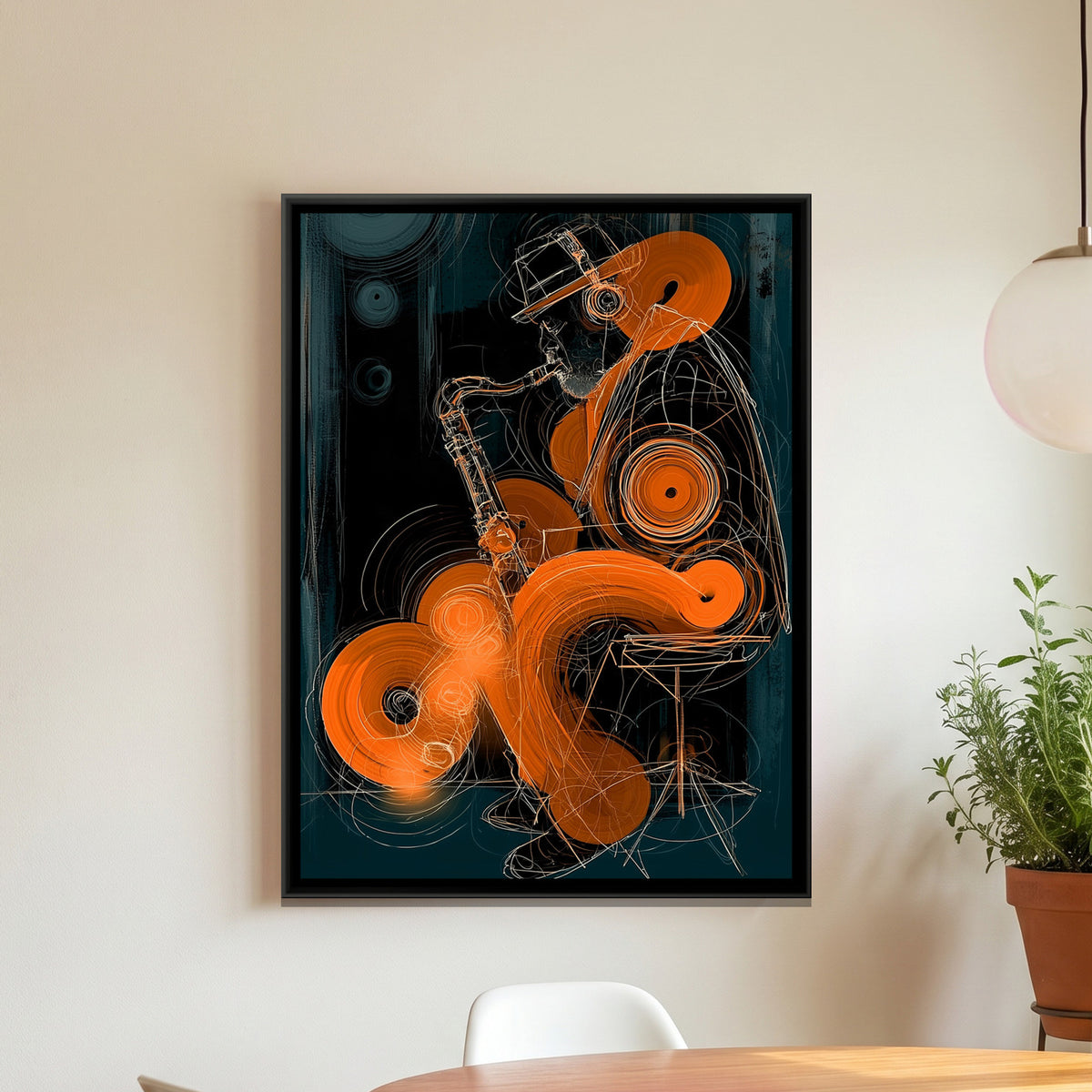 Saxophone Player — framed canvas art hung on a wall