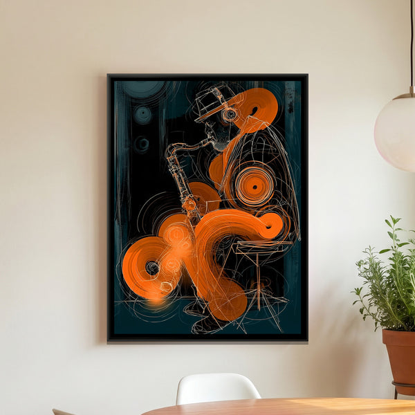 Saxophone Player — framed canvas art hung on a wall
