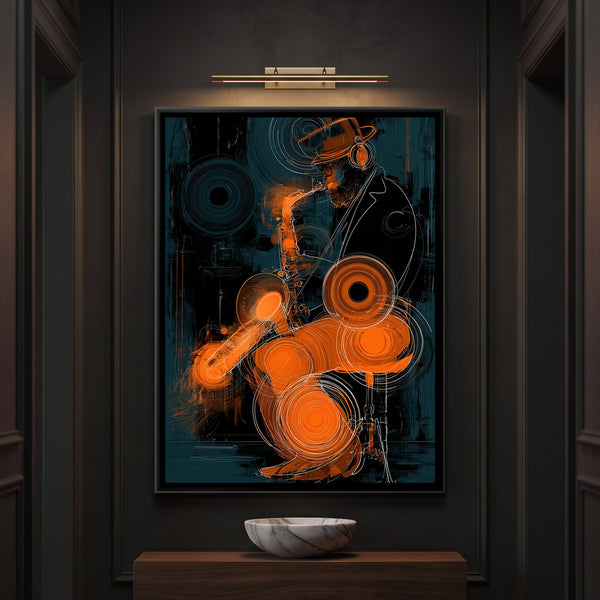 Saxophone Player — framed canvas art hung on a wall