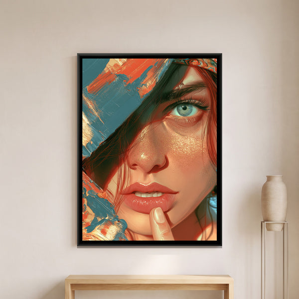 Abstract Woman Face — framed canvas art hung on a wall