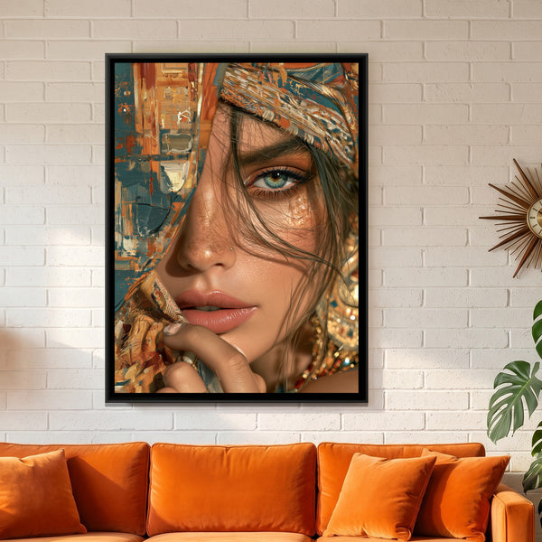 Woman in a Patterned Headscarf — framed canvas art hung on a wall