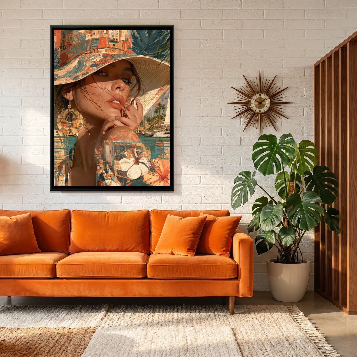 Mediterranean Summer, Woman in a Sun Hat — canvas art shown in a styled room