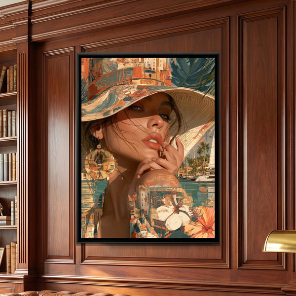 Mediterranean Summer, Woman in a Sun Hat — framed canvas art hung on a wall