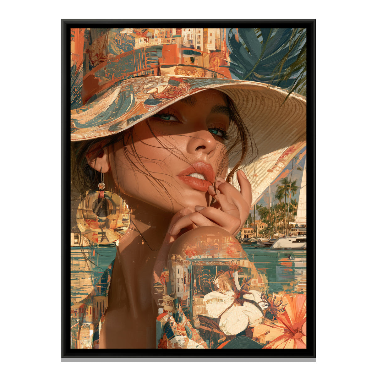Mediterranean Summer, Woman in a Sun Hat — framed canvas print, front view