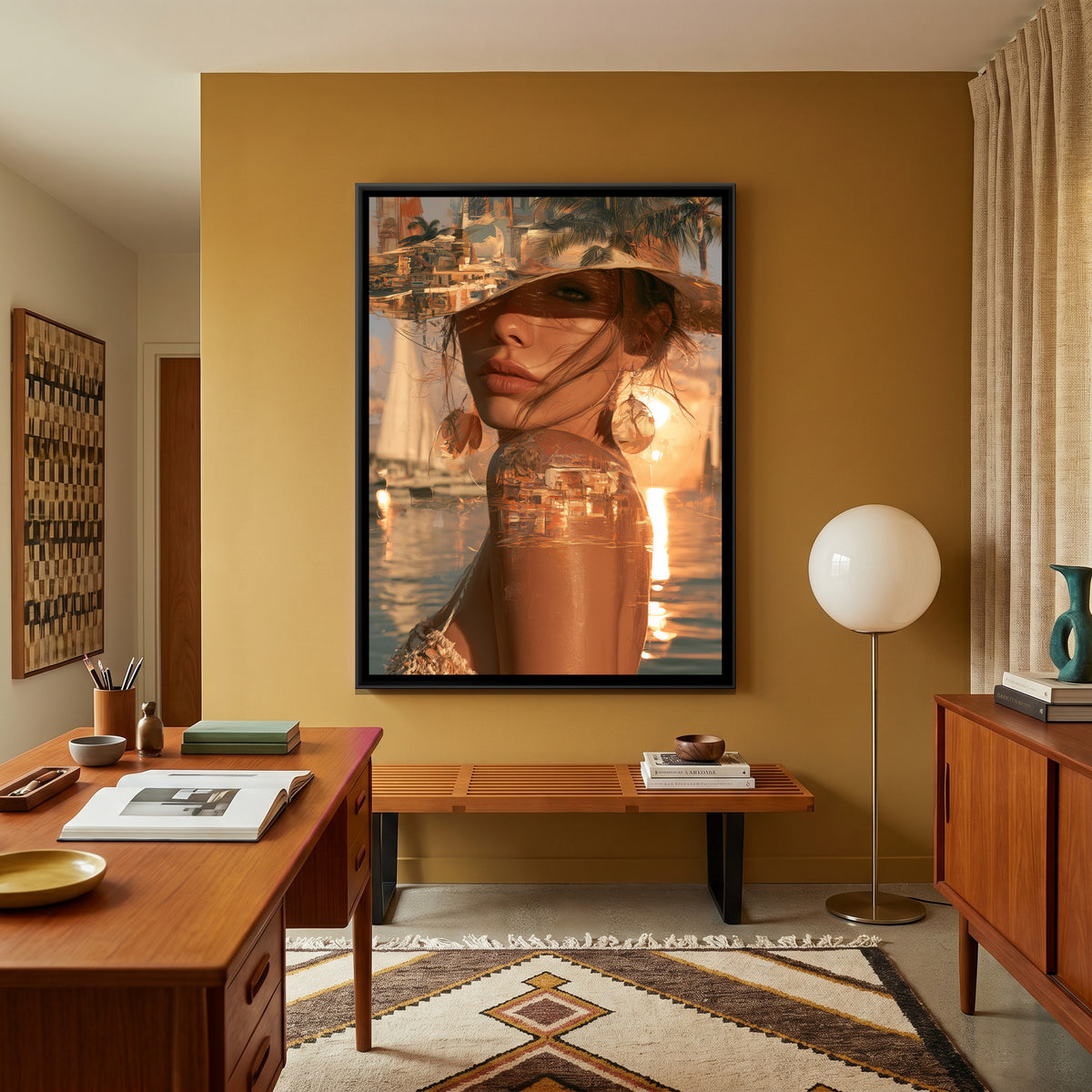 Harbour Sunset, Woman in a Straw Hat — canvas art shown in a styled room