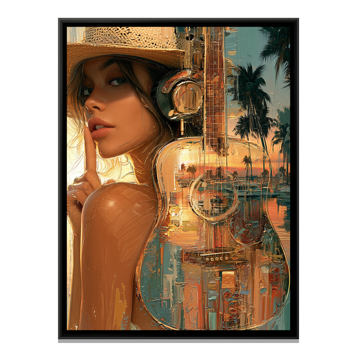 Woman with Guitar — framed canvas print, front view