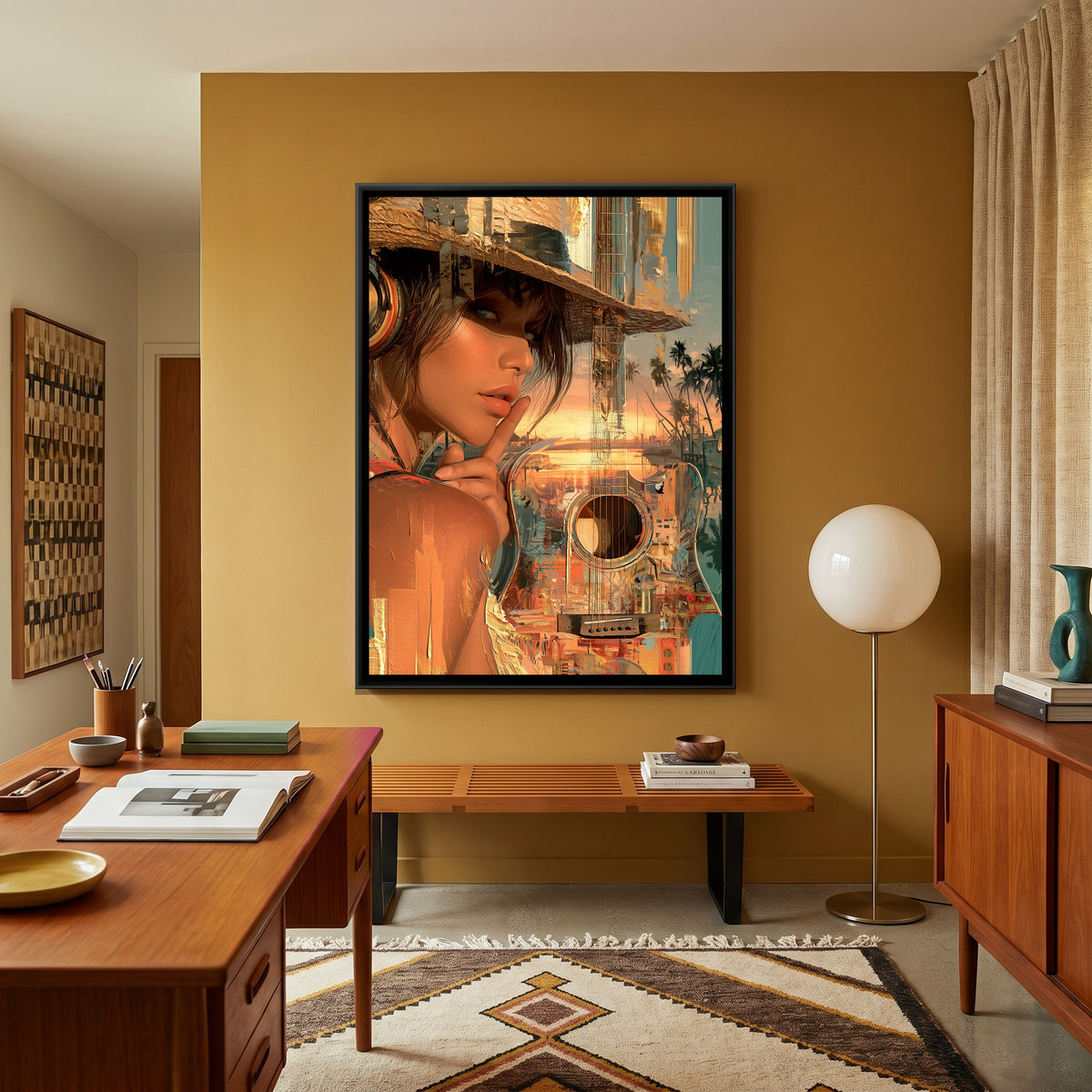Woman with Guitar — canvas art shown in a styled room