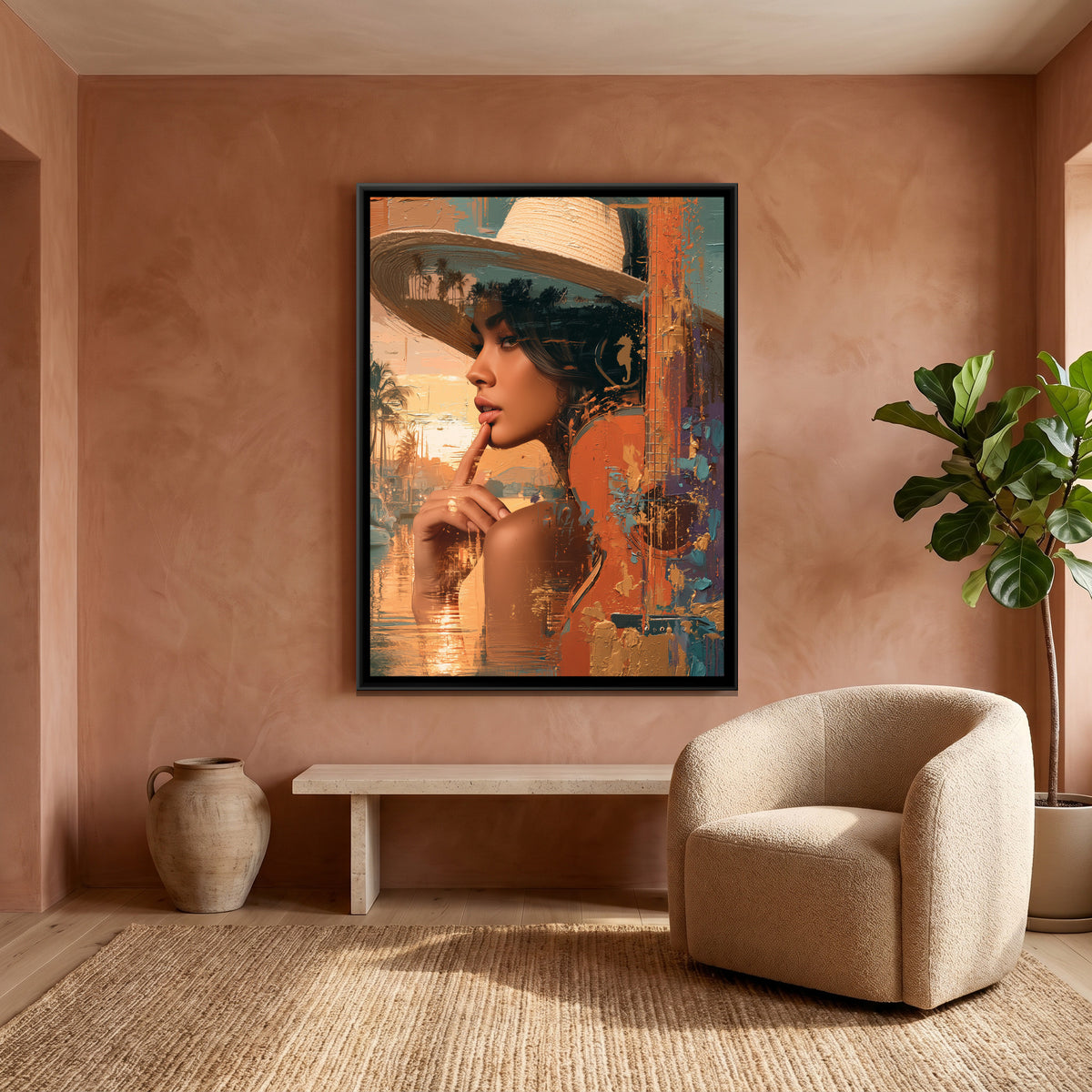 Woman with Guitar — canvas art shown in a second room setting