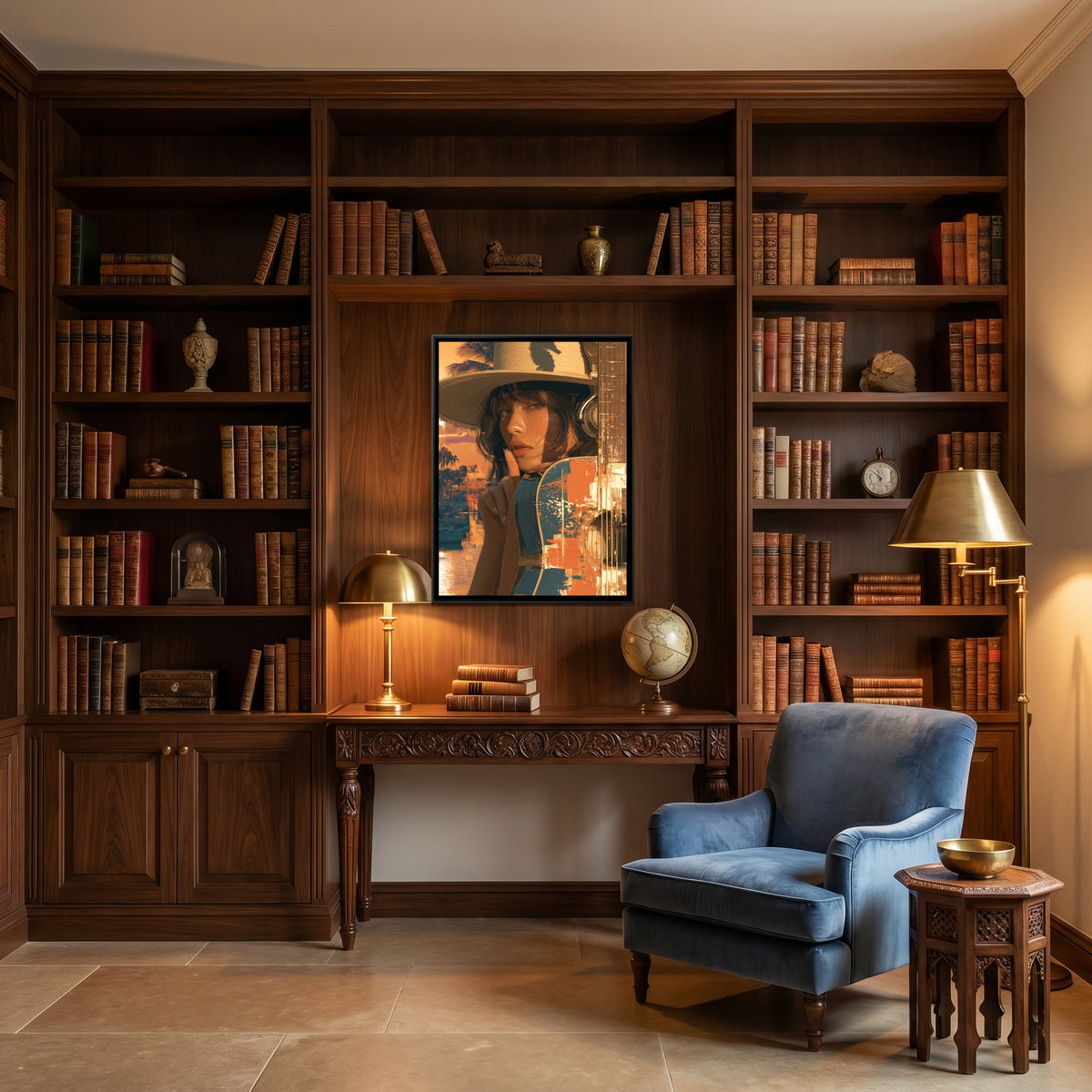 Woman with Guitar — canvas art shown in a styled room