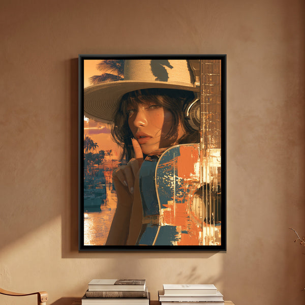 Woman with Guitar — framed canvas art hung on a wall