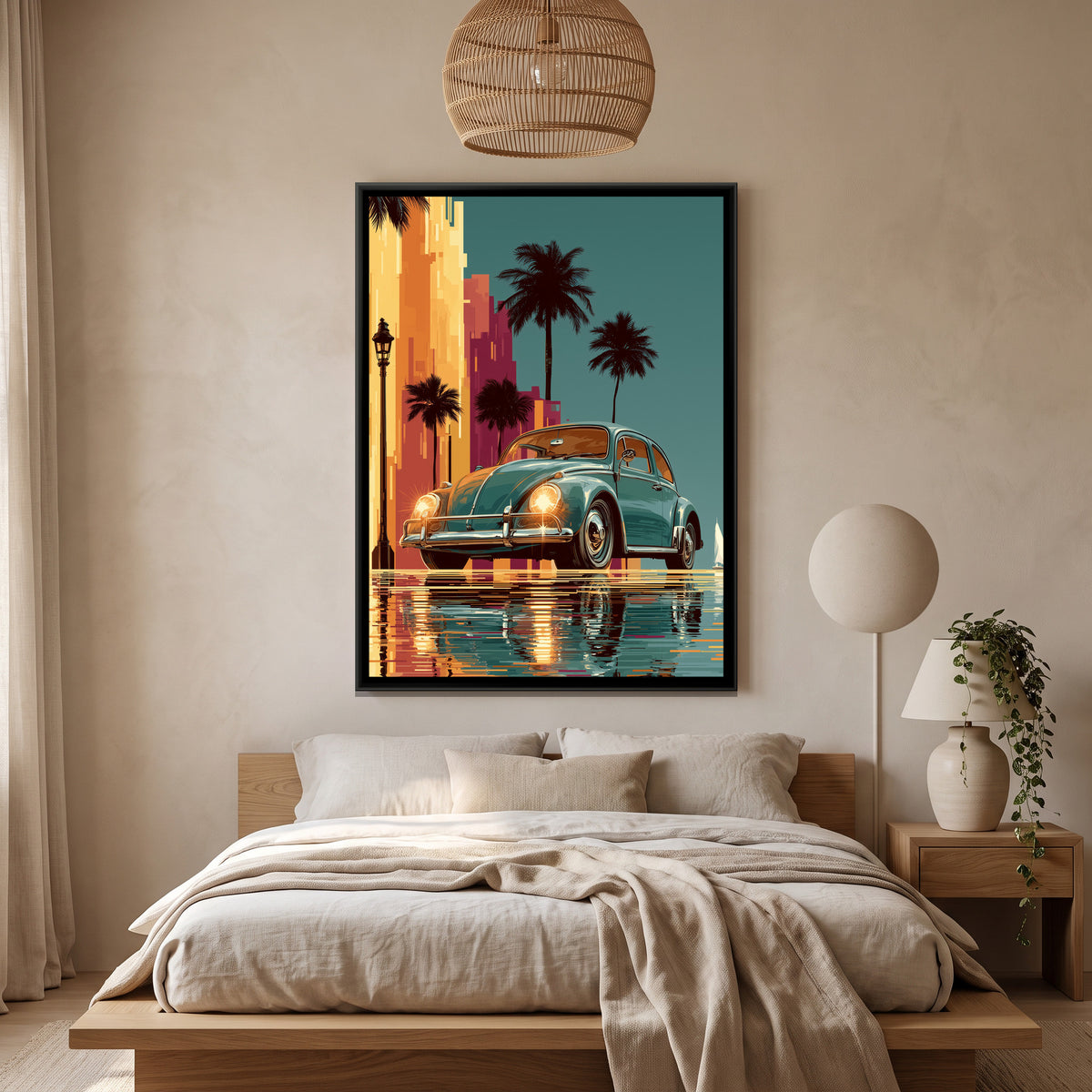 Vintage Beetle Car — canvas art shown in a styled room
