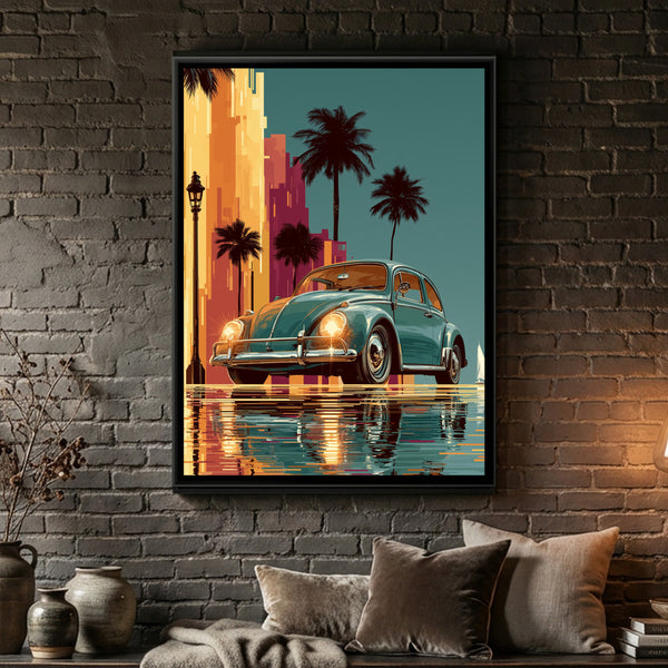 Vintage Beetle Car — framed canvas art hung on a wall