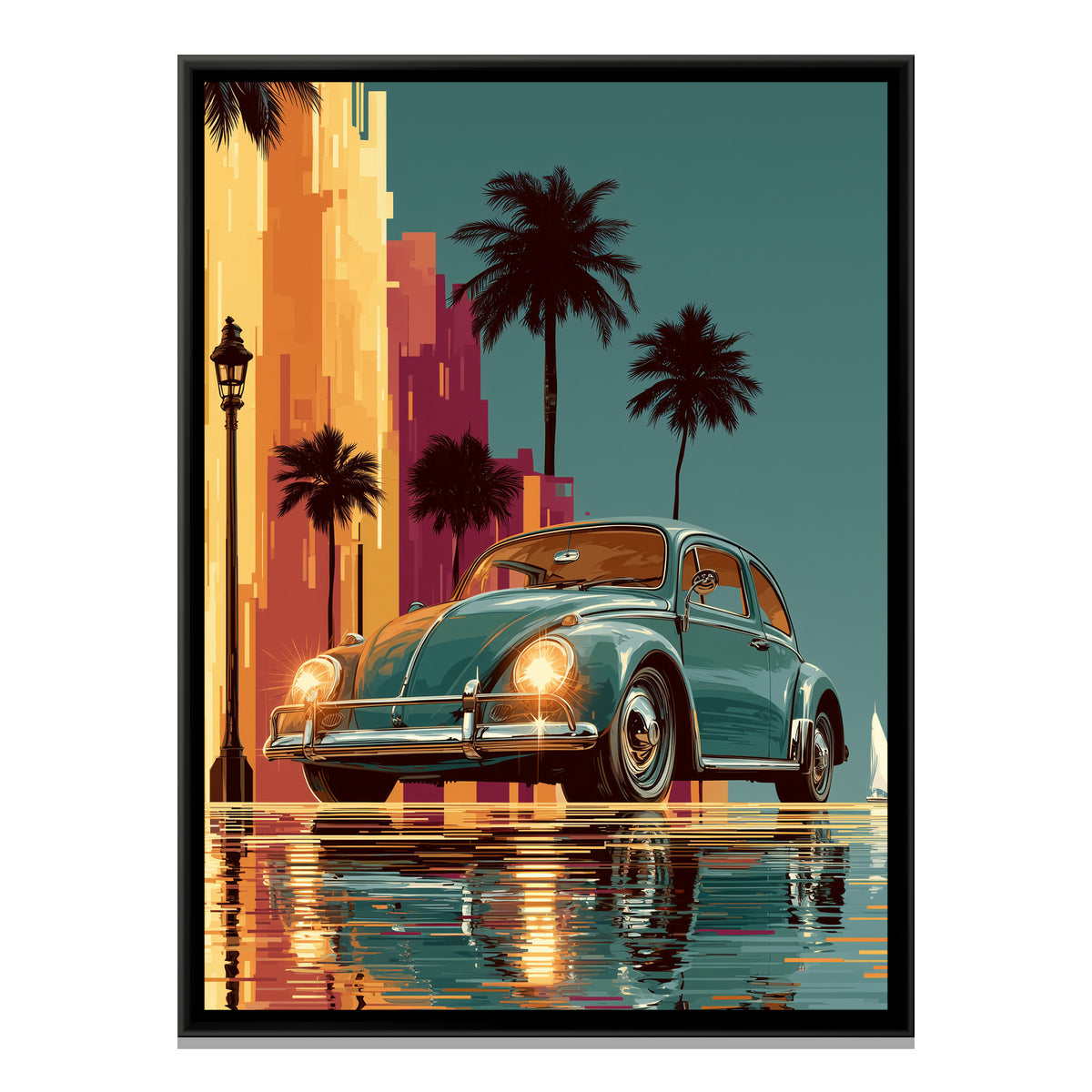 Vintage Beetle Car — framed canvas print, front view