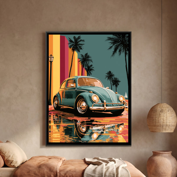 Vintage Beetle Car — framed canvas art hung on a wall