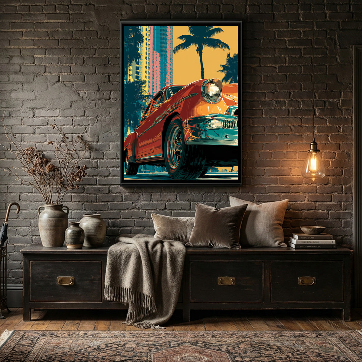 Vintage Car — canvas art shown in a second room setting