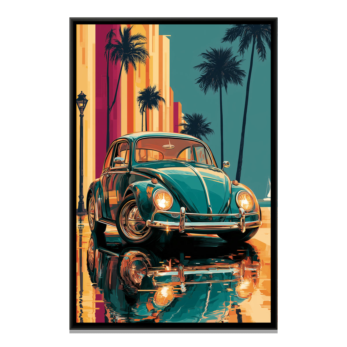 Vintage Beetle Car — framed canvas print, front view