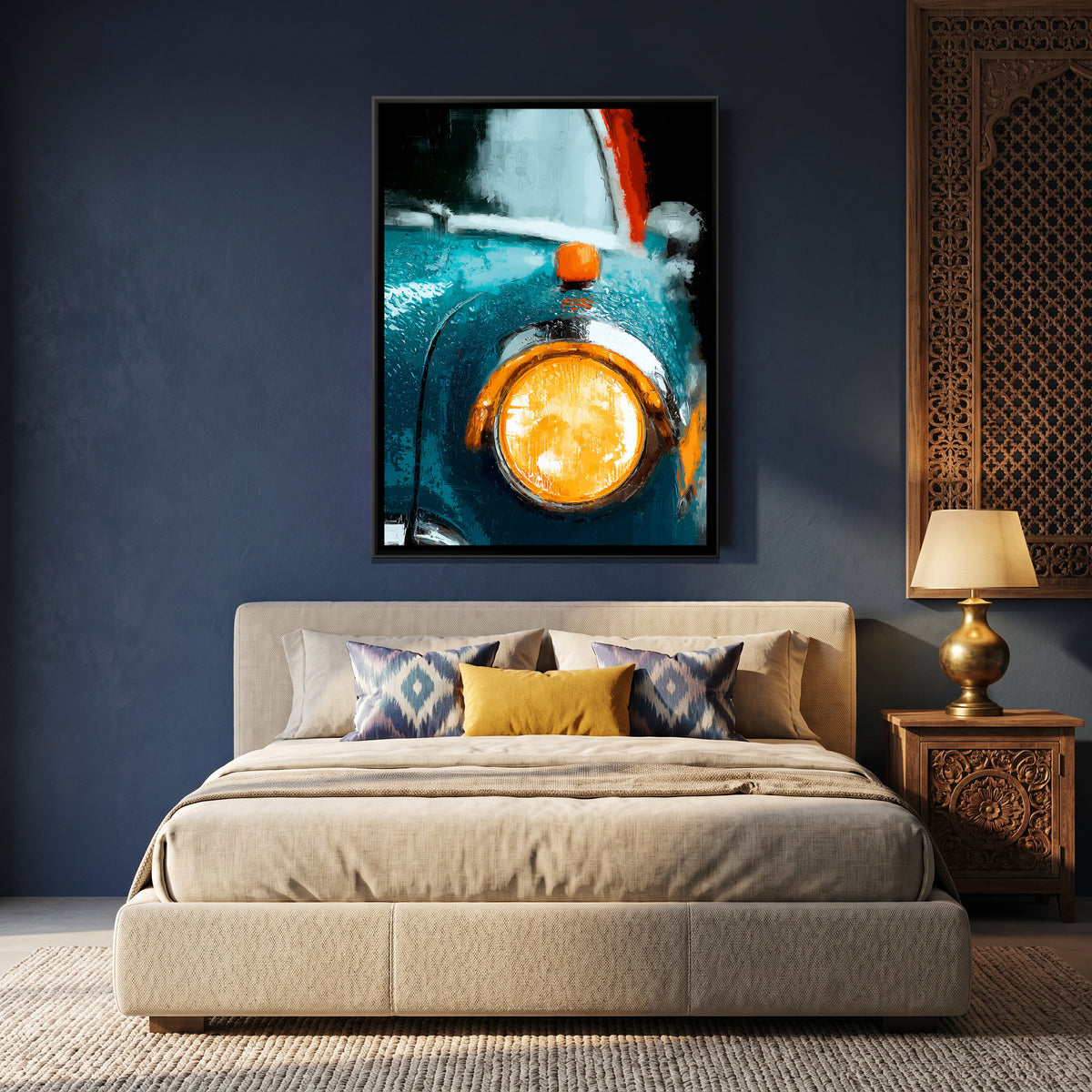 Vintage Car Headlight — canvas art shown in a styled room