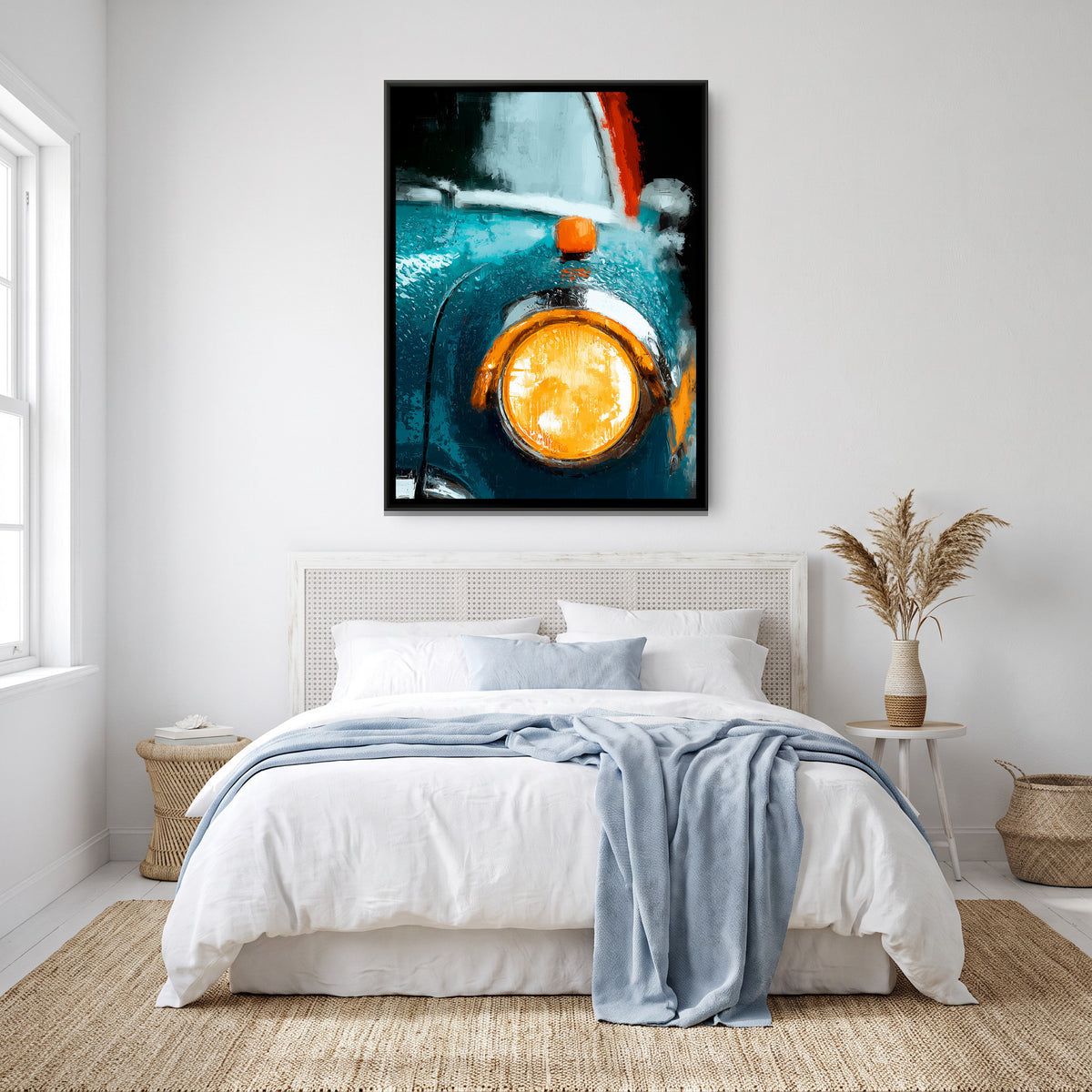 Vintage Car Headlight — canvas art shown in a second room setting