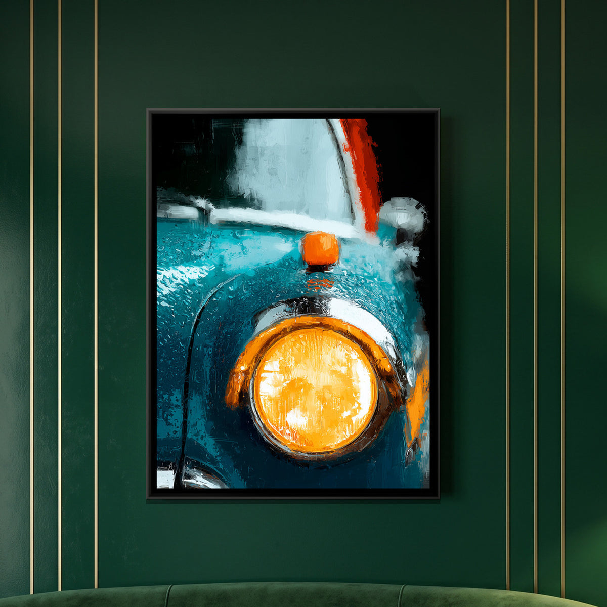 Vintage Car Headlight — framed canvas art hung on a wall