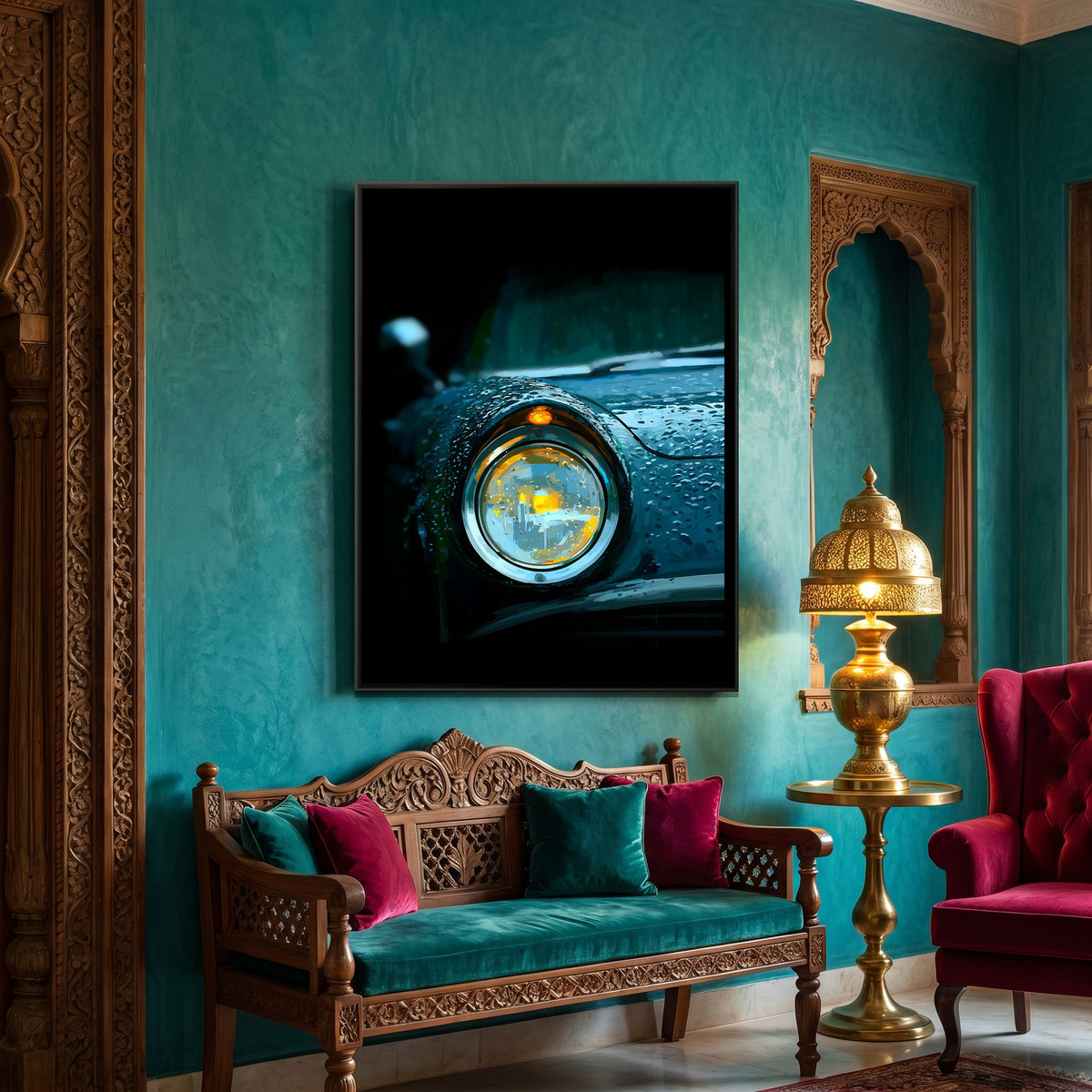 Vintage Car Headlight — canvas art shown in a second room setting