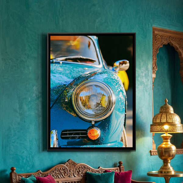 Vintage Car Headlight — framed canvas art hung on a wall