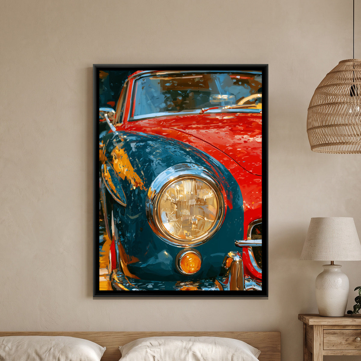 Vintage Car Headlight — framed canvas art hung on a wall