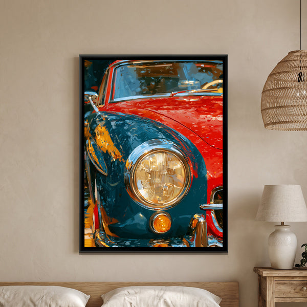 Vintage Car Headlight — framed canvas art hung on a wall
